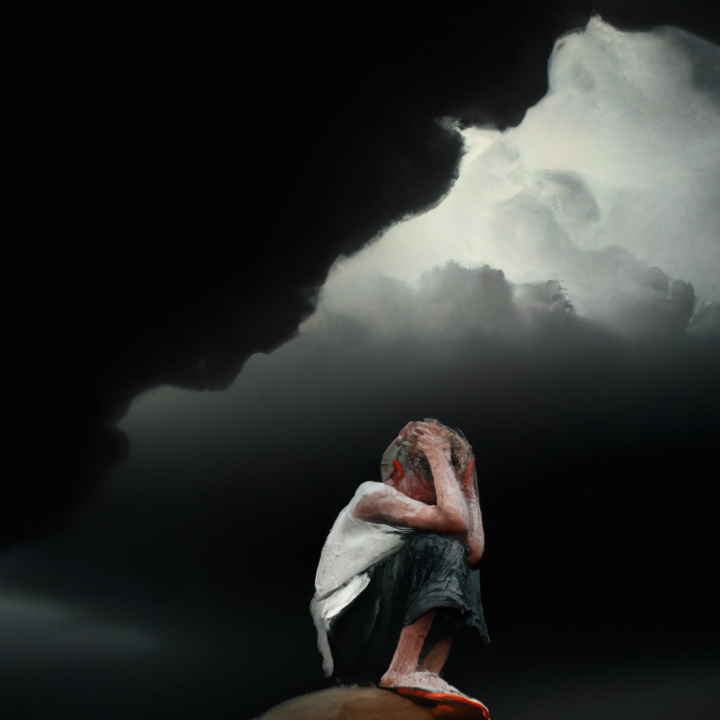 An image capturing a solitary child amidst a stormy backdrop, their fragile figure overshadowed by dark clouds