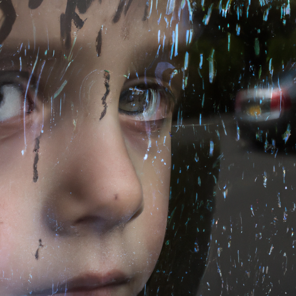 An image capturing a child's reflection in a rain-soaked window, their curious gaze meeting their own distorted reflection, symbolizing the pandemic's impact on their isolated world and the longing for social interaction