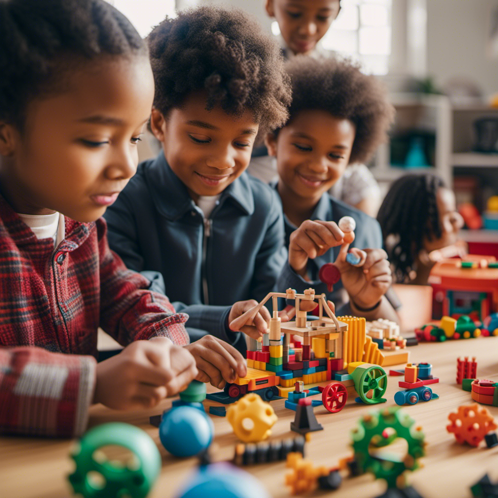 An image featuring a diverse group of children eagerly engaging with a wide range of STEM toys, showcasing the variety and popularity of these educational toys in 2018