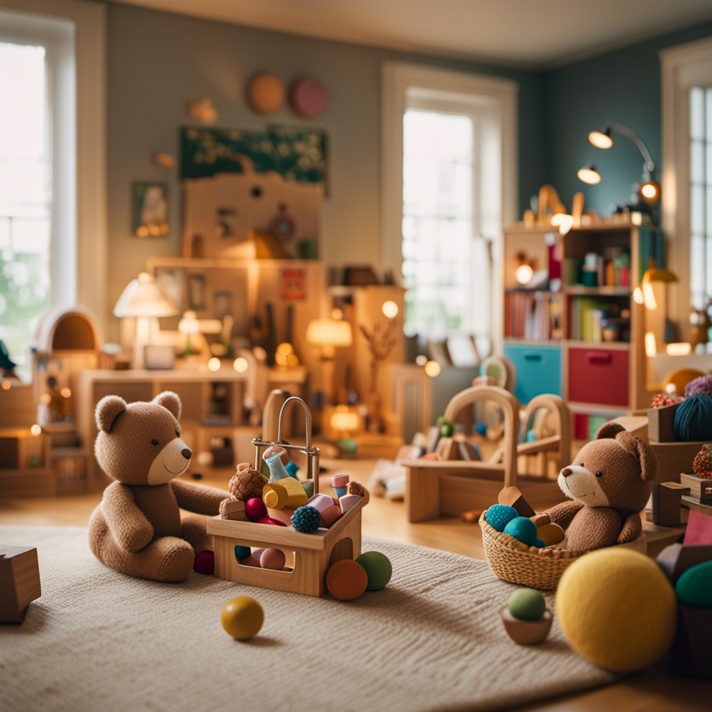 An image showcasing a serene, clutter-free playroom filled with natural, handmade toys that reflect the Waldorf philosophy