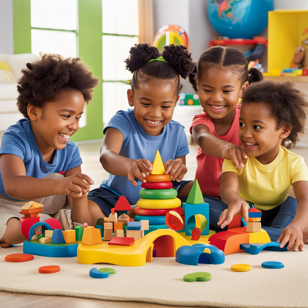 An image showcasing a diverse group of preschoolers engaged in hands-on play with modern learning toys, their curious faces lit up with excitement as they explore vibrant colors, shapes, and textures, fostering cognitive growth and creativity