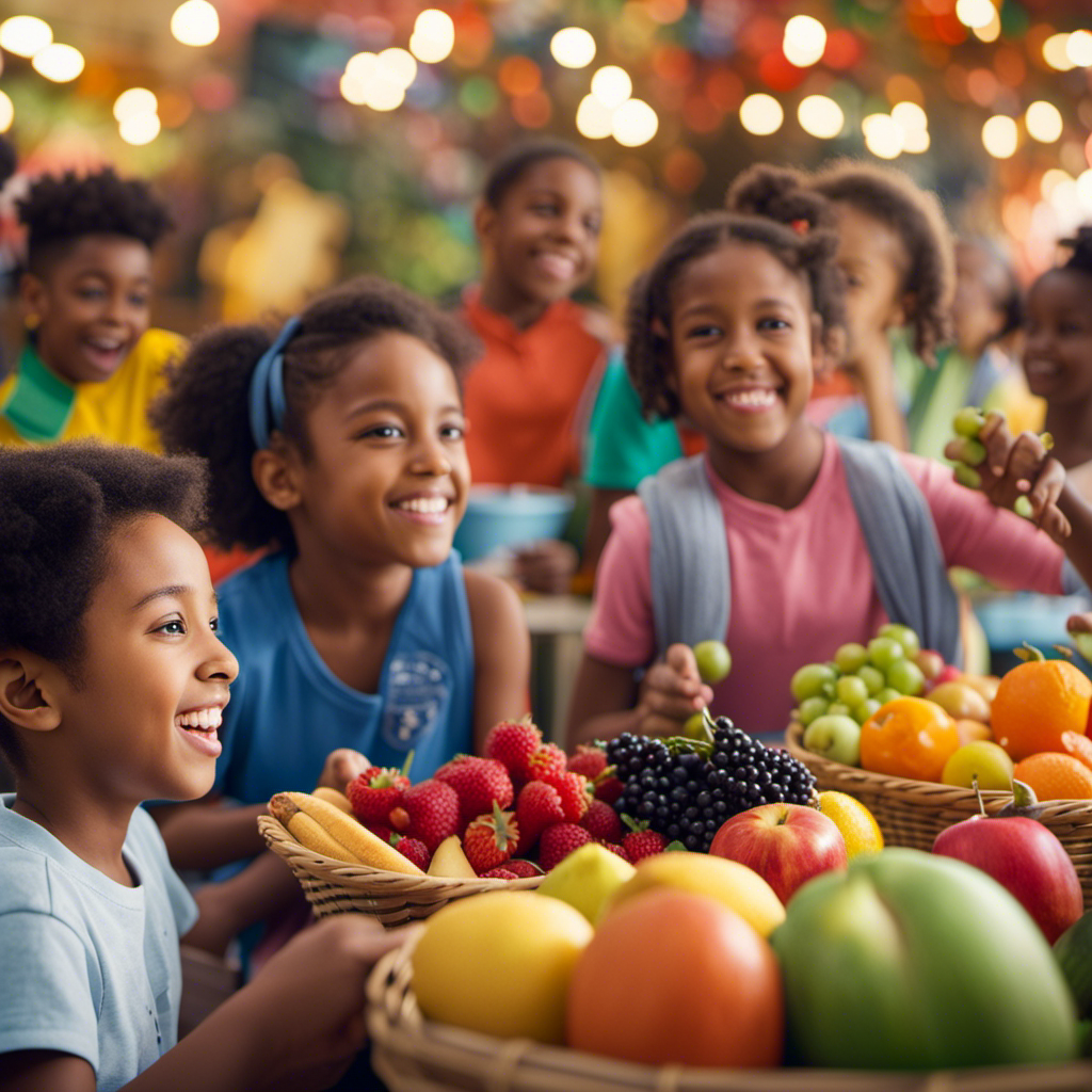 An image that showcases a vibrant, diverse group of children engaged in various activities - playing, studying, and socializing - while surrounded by a colorful array of fruits, vegetables, and whole foods