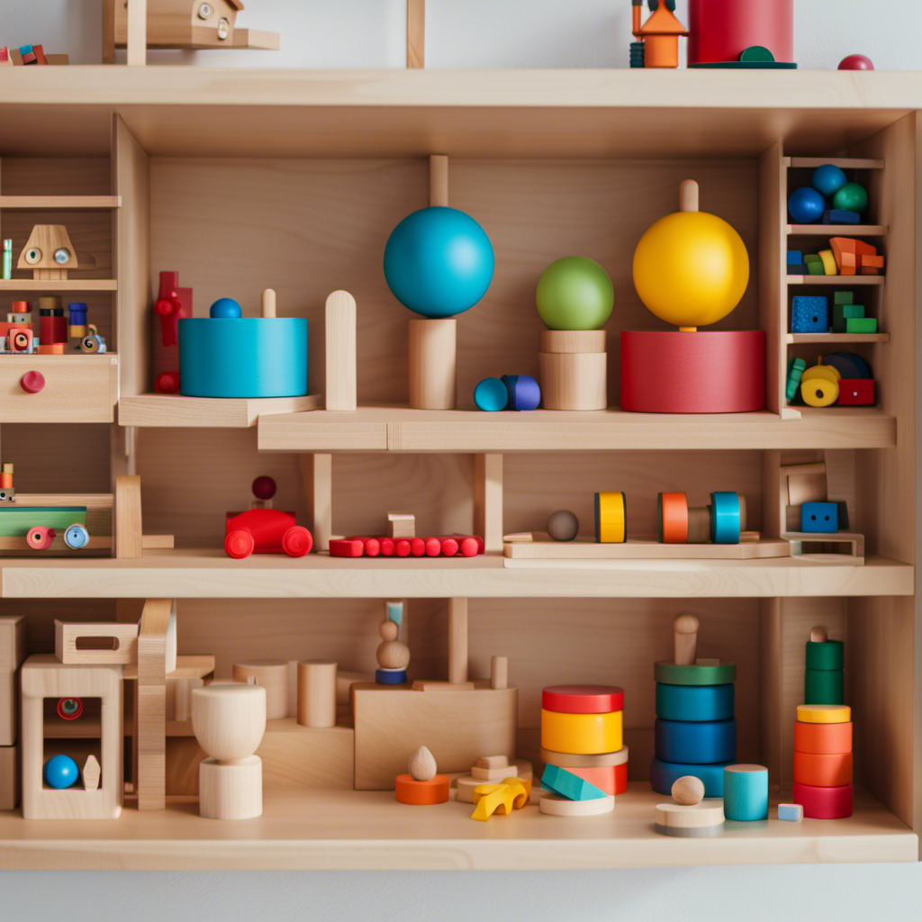 An image showcasing a neatly organized shelf filled with various Montessori toys and materials