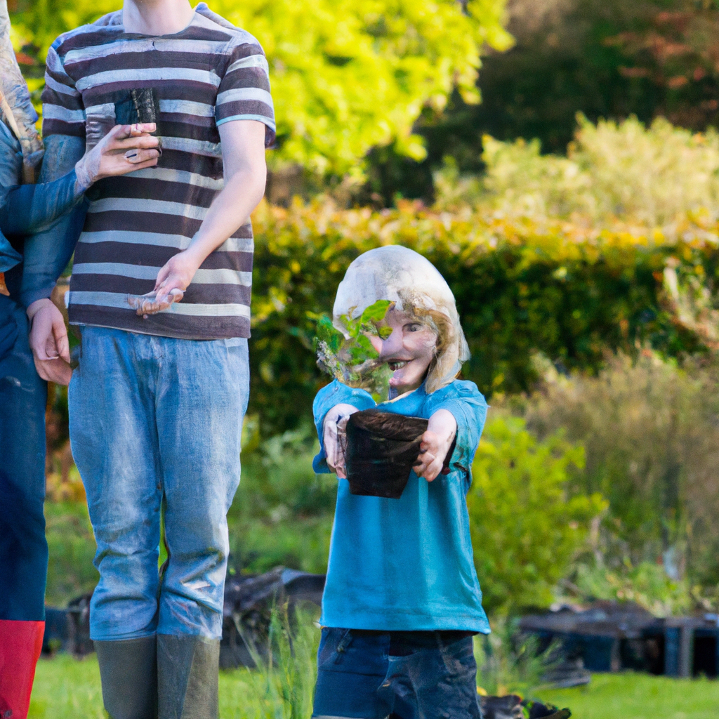 An image of a child standing amidst a lush garden, holding a seedling in one hand, while their parents lovingly tend to a vibrant tree nearby