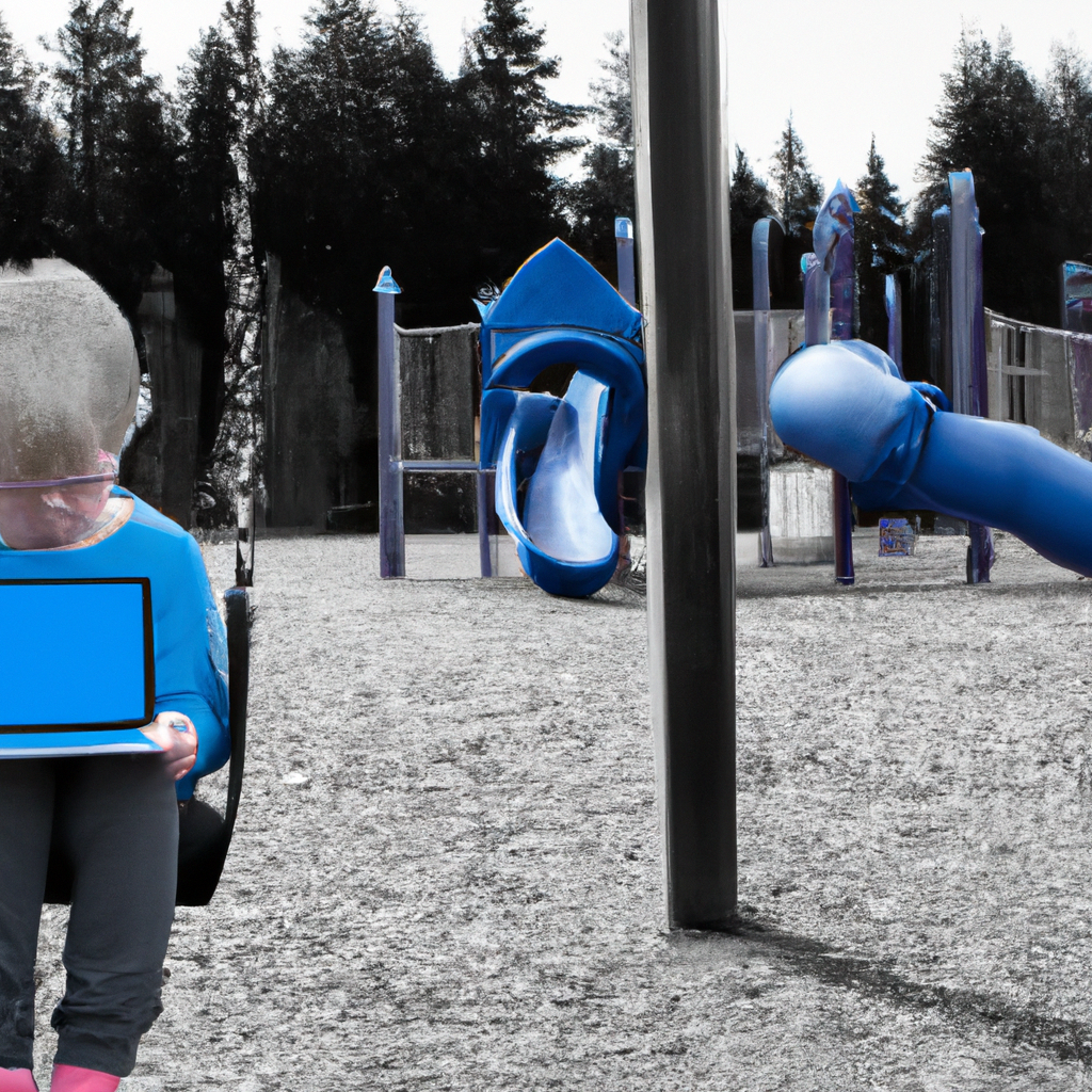 An image showcasing a young child engrossed in their tablet, surrounded by a barren playground, highlighting the isolating impact of social media on their development