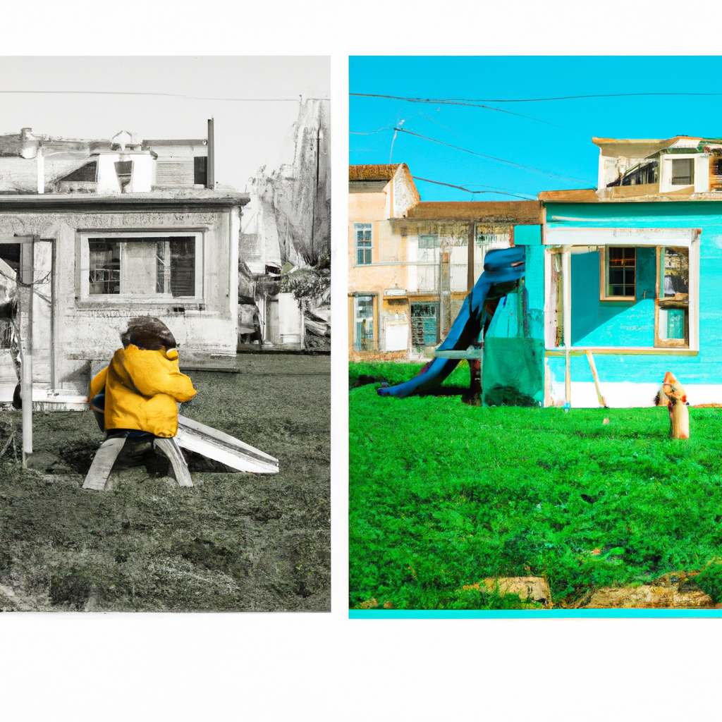 An image that portrays two children playing in contrasting settings—a spacious, well-equipped playground for one, and a dilapidated, neglected area for the other—capturing the profound impact of socioeconomic status on child development