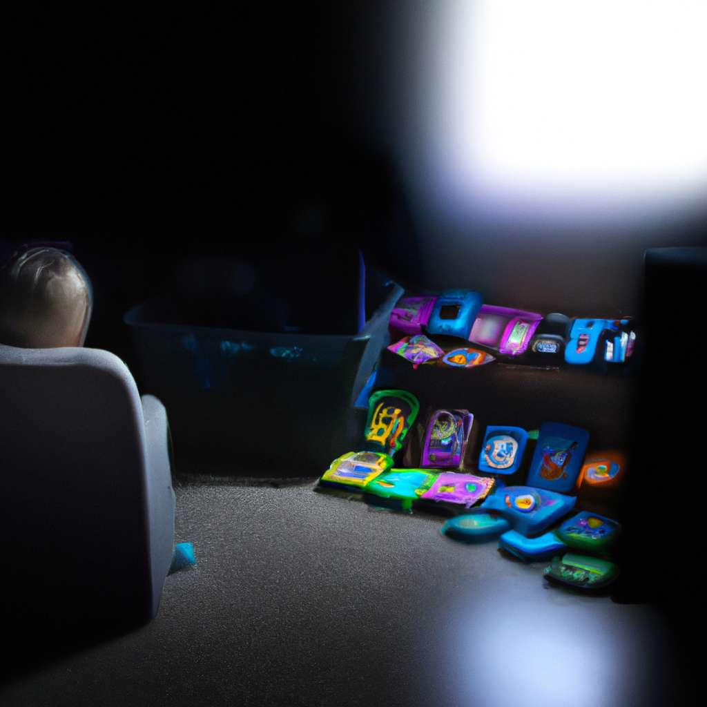 An image showing a young child sitting alone in a dimly lit room, surrounded by glowing screens displaying various digital content, while their toys and books lay neglected and untouched