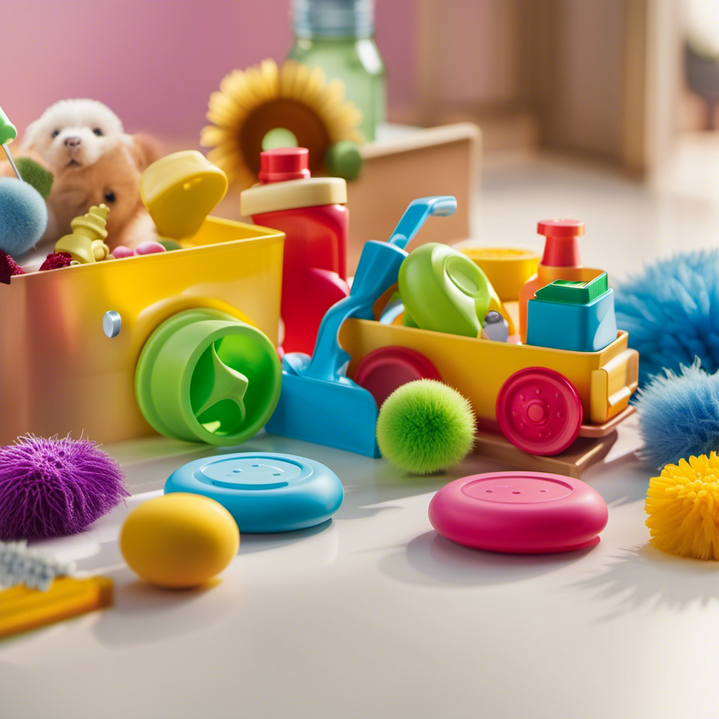 An image depicting a colorful assortment of preschool toys being carefully wiped down with disinfectant wipes, showcasing a diligent cleaning process to ensure a safe and germ-free environment for little ones