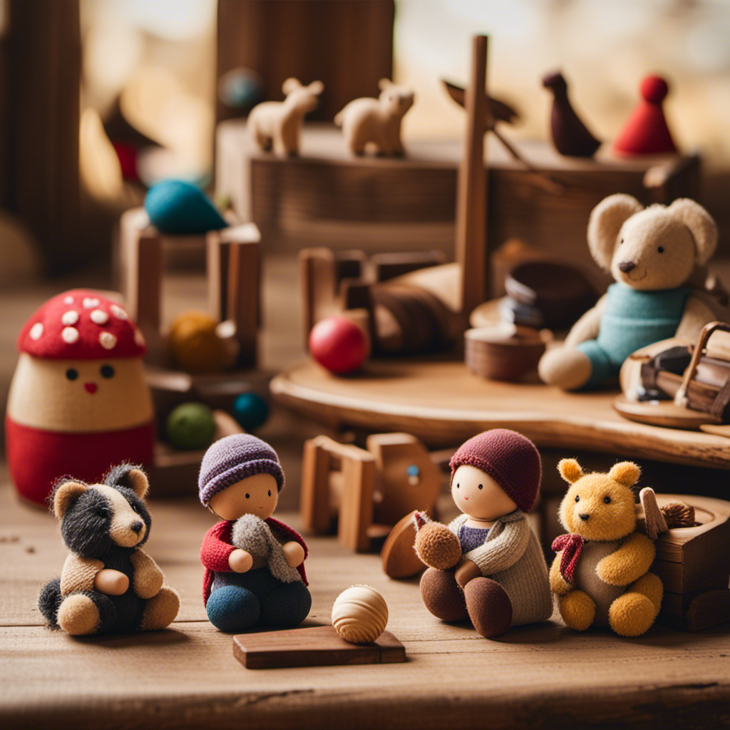 An image showcasing a diverse collection of beautifully crafted Waldorf toys, displayed on a rustic wooden table with soft natural lighting