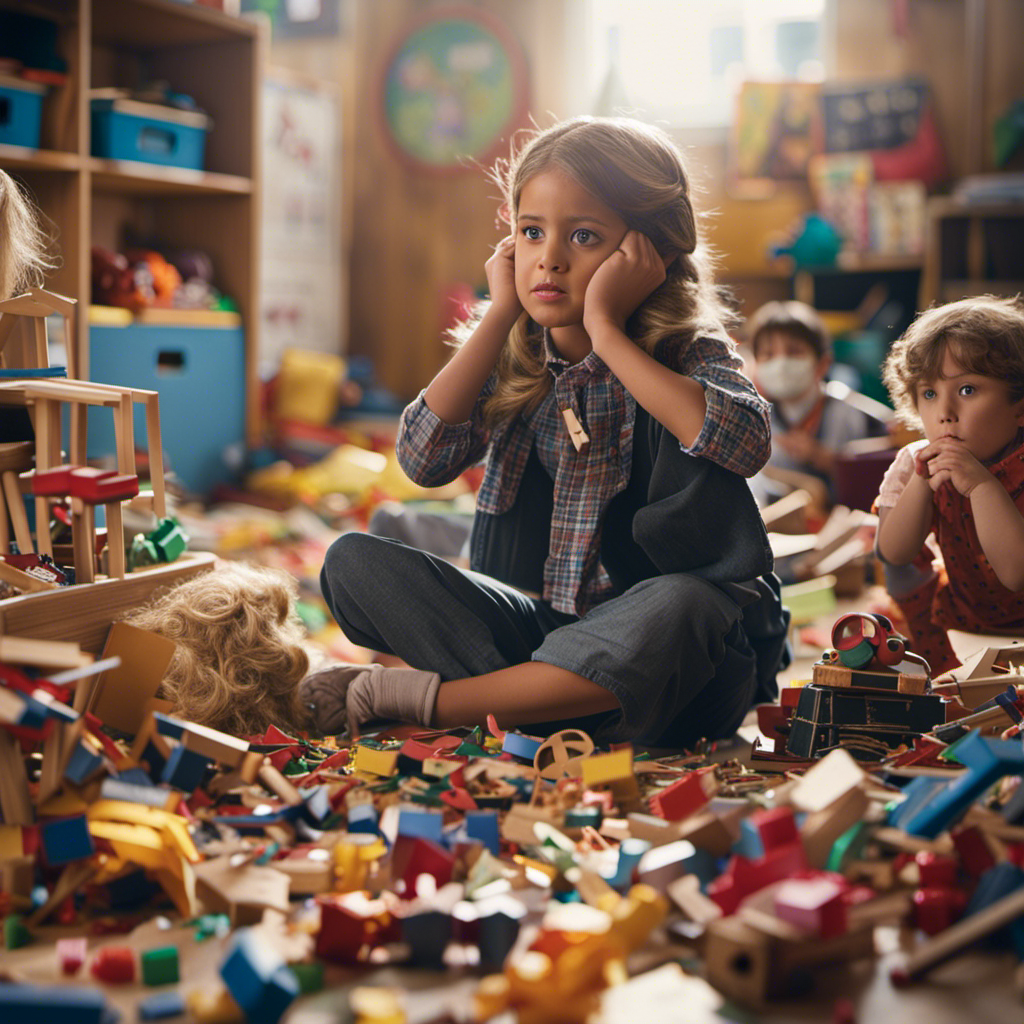 An image capturing a frustrated preschool teacher, surrounded by scattered broken toys and a mischievous student