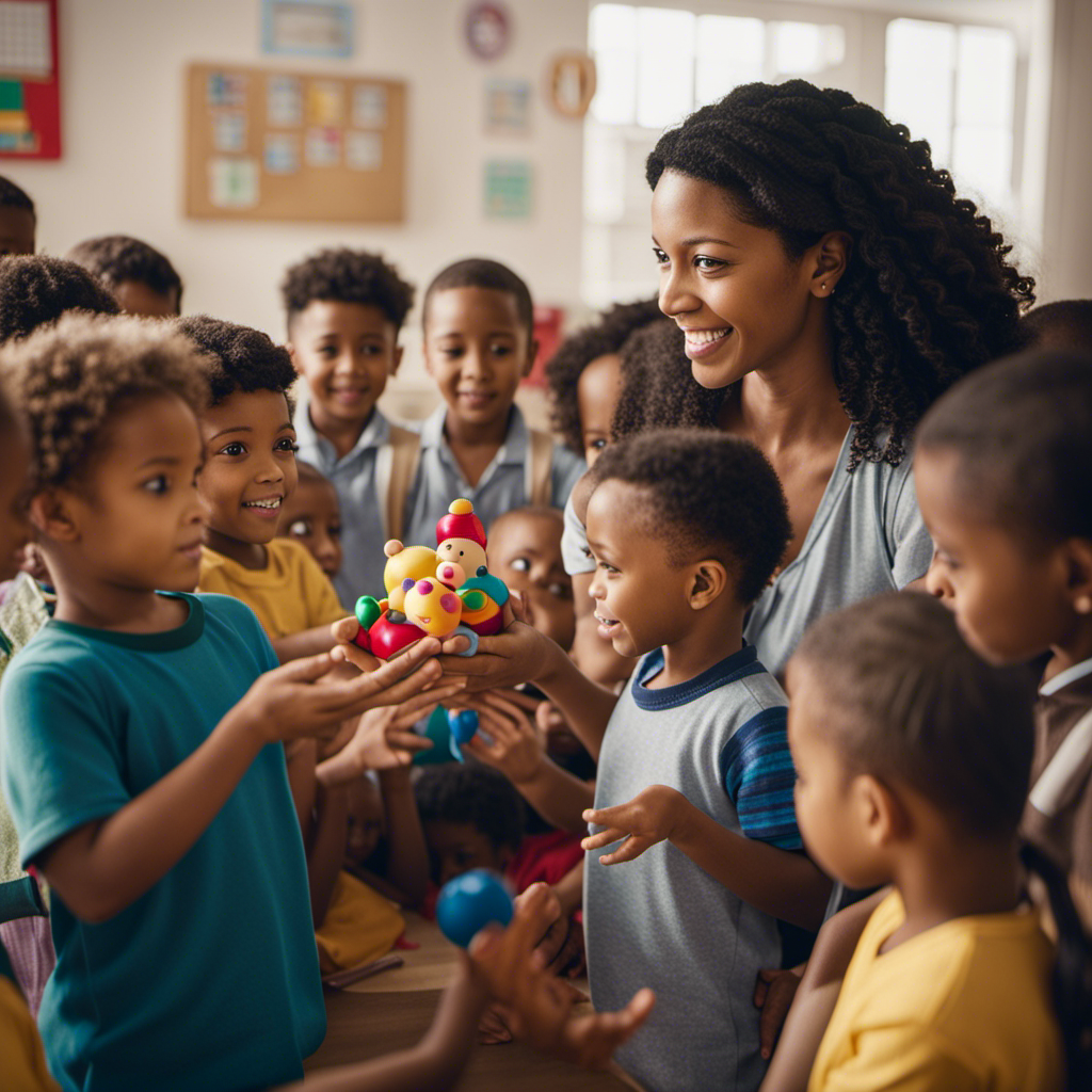 An image of a compassionate preschool teacher gently intervening as she holds a toy in her hands, surrounded by a group of curious and attentive children, teaching them about sharing and taking turns