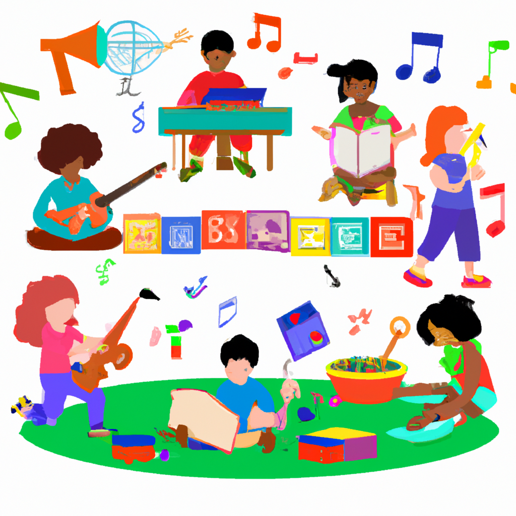 An image showcasing a diverse group of children engaged in stimulating activities: a child reading a book, another solving a puzzle, and others playing musical instruments or engaging in imaginative play, surrounded by colorful learning materials and nature-inspired decor