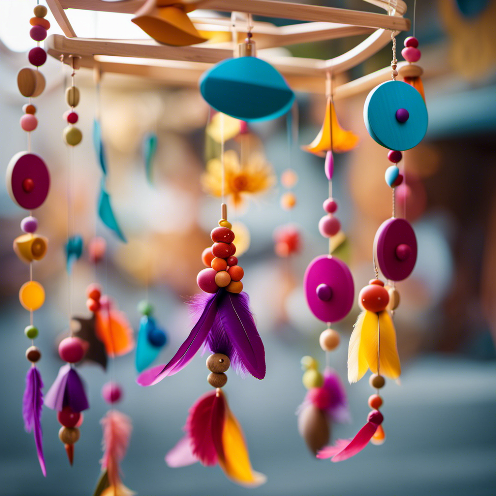 An image showcasing a brightly colored wooden mobile, with smooth, round shapes and gentle, dangling elements like feathers and bells, designed to stimulate a baby's senses and encourage their curiosity