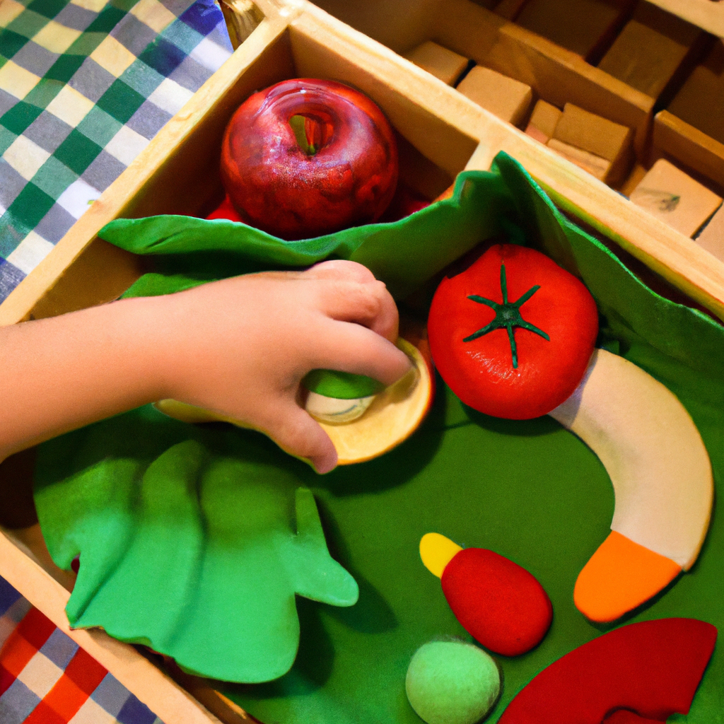 An image showcasing a child's hand placing colorful, textured fabric vegetables into a wooden crate, surrounded by a variety of Montessori playfood toys, inviting readers to discover the step-by-step process of making these engaging and educational toys