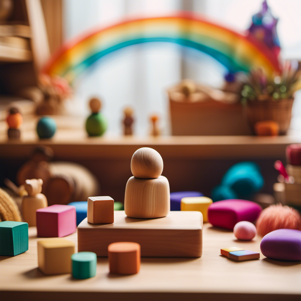 An image showcasing a serene workspace with natural materials such as smooth wooden blocks, hand-sewn soft dolls, vibrant rainbow-hued silks, and intricately carved animal figures, perfect for crafting enchanting Waldorf preschool toys