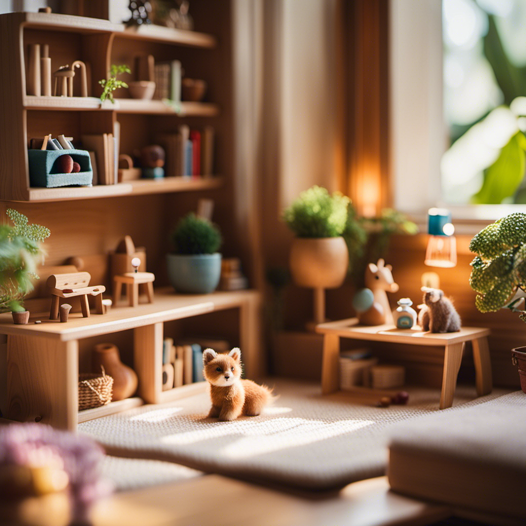An image showcasing a cozy, sunlit corner of a living room adorned with handmade Waldorf toys