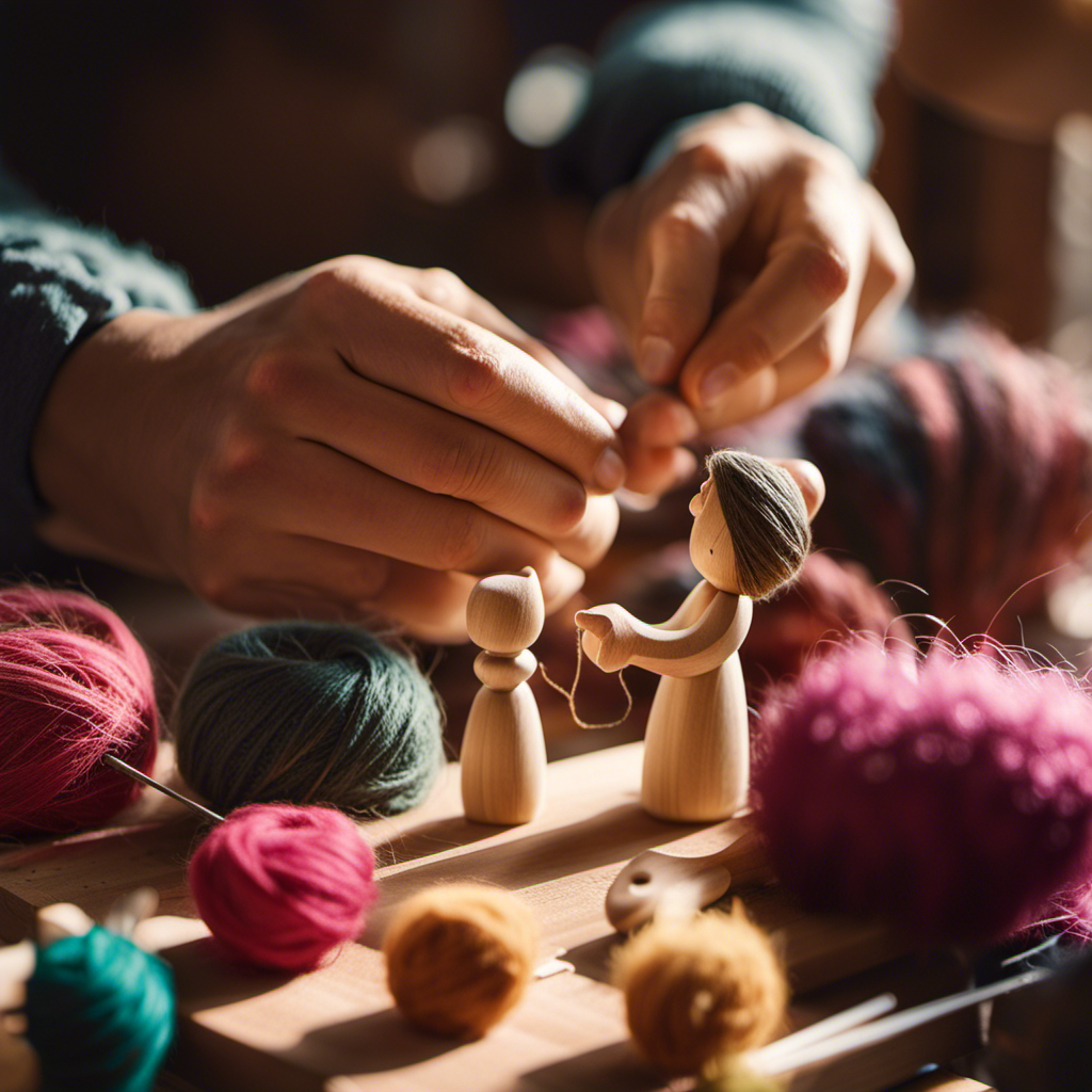 An image showcasing a pair of skilled hands lovingly carving a wooden figurine in a sunlit workshop, surrounded by an assortment of colorful natural materials like wool, cotton, and silk, waiting to be crafted into delightful Waldorf toys