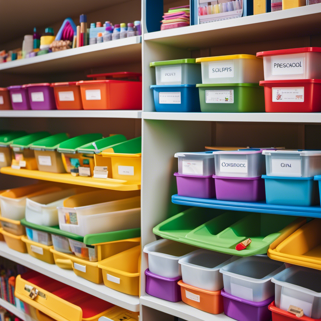 An image of a colorful, neatly arranged shelf filled with labeled bins showcasing a variety of preschool supplies and toys, each meticulously organized according to type and neatly stacked, ready for little hands to explore