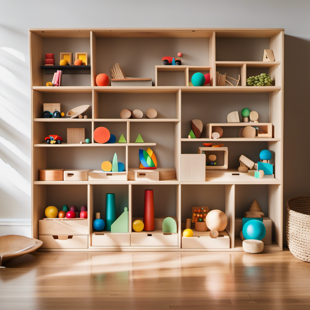 An image showcasing a minimalist play area with open shelves displaying neatly arranged Montessori-inspired toddler toys