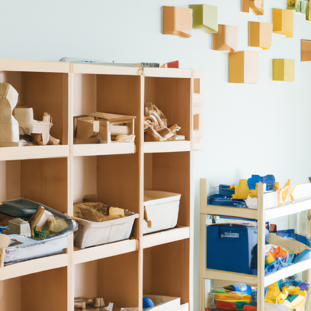An image showcasing a child's neatly arranged play area, with low open shelves displaying a variety of wooden puzzles, sensory bins, and art materials, reflecting Montessori principles of organization and independence