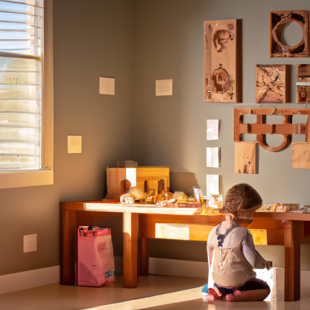 An image showcasing a serene, sunlit room with shelves filled with wooden toys and materials neatly arranged at child's height
