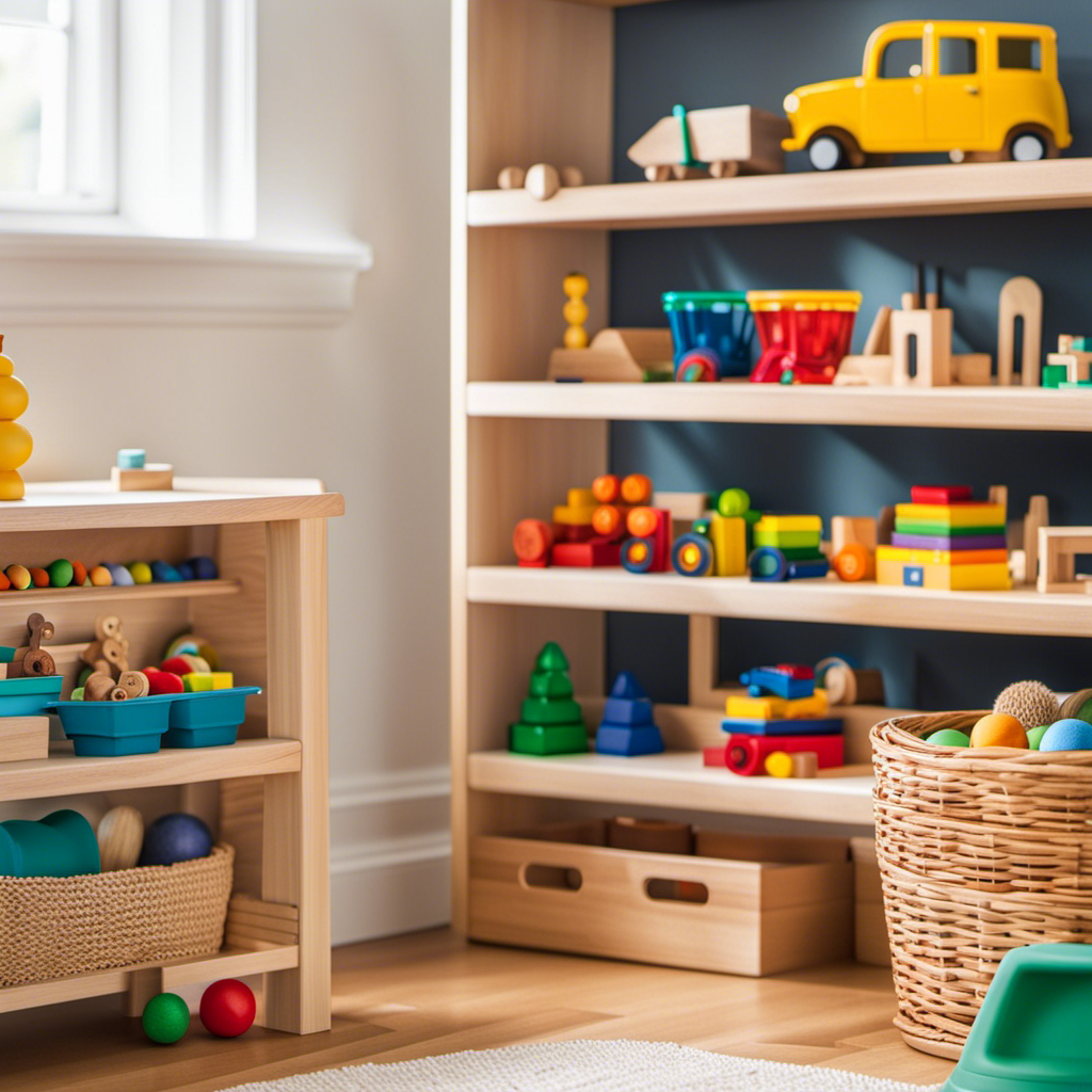 An image showcasing a beautifully organized Montessori toy shelf, with various tactile and educational toys neatly arranged in open baskets