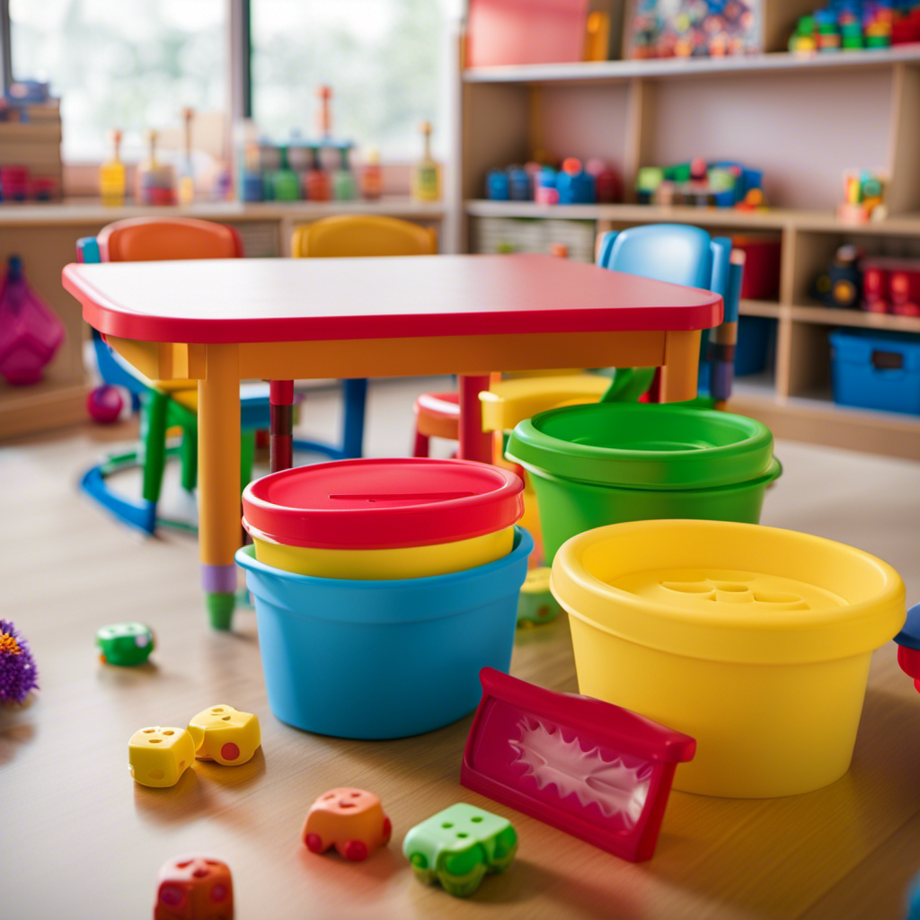 An image showcasing a preschool classroom, where vibrant toys, tables, and chairs are being meticulously sanitized