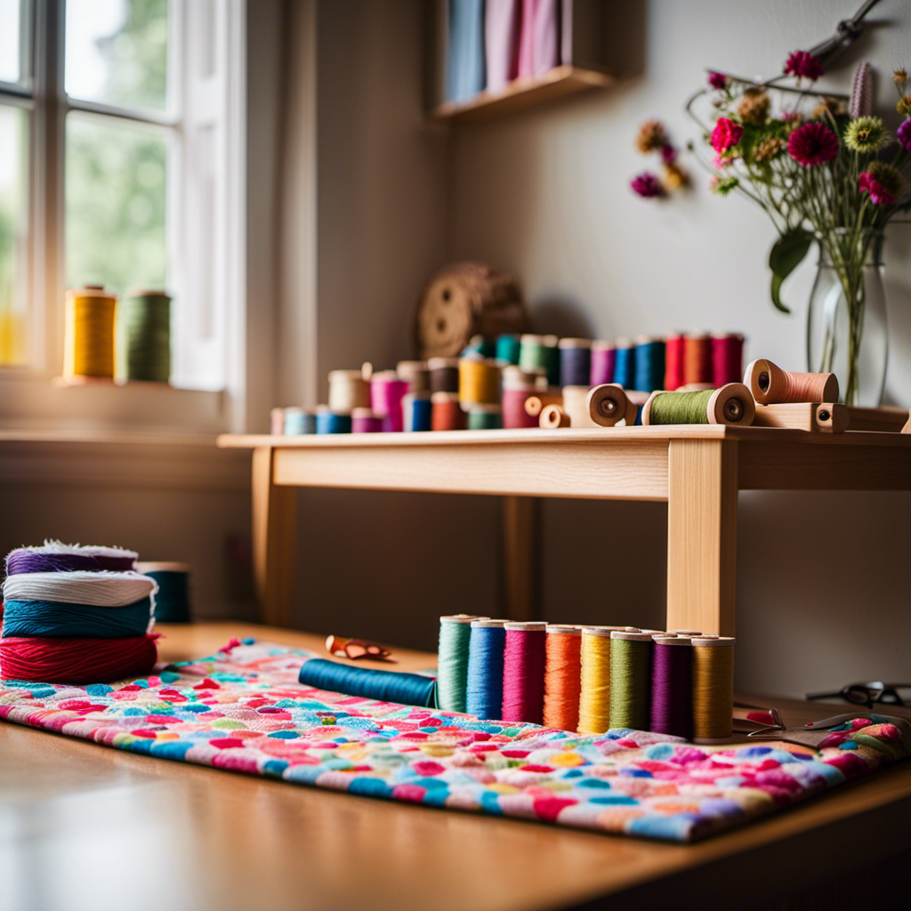 An image showcasing a serene, well-lit sewing corner with a wooden worktable adorned with colorful fabrics, scissors, thread spools, and a meticulously stitched Montessori toy in progress