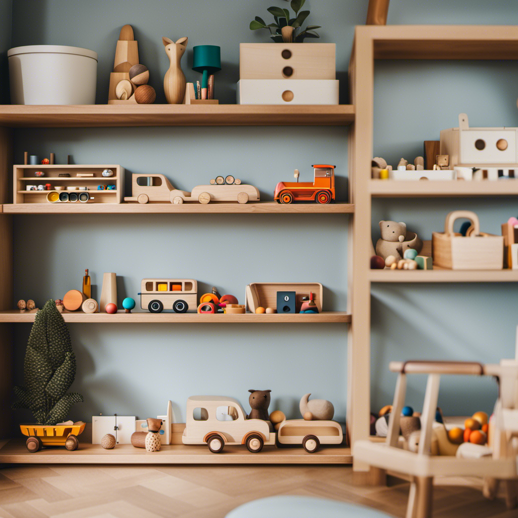 An image showcasing a serene, minimalist playroom with open shelves neatly arranged with wooden trays, each holding a curated selection of Montessori-inspired toys