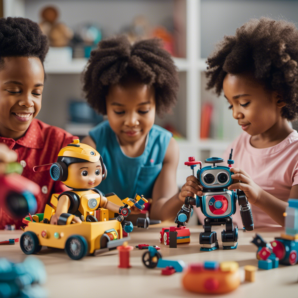 An image showcasing a diverse group of children playing with toys that challenge traditional gender roles, such as boys engaging in nurturing play with dolls and girls immersed in STEM-related activities like building robots or conducting science experiments
