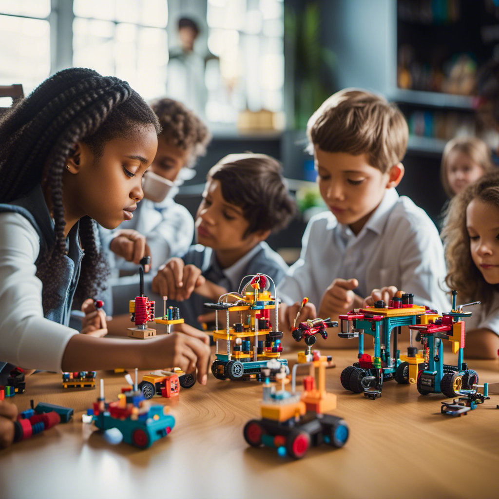 An image showcasing a diverse group of children actively engaged in building and experimenting with STEM-themed toys, such as building blocks, robotic kits, and scientific equipment, fostering curiosity, problem-solving, and collaboration