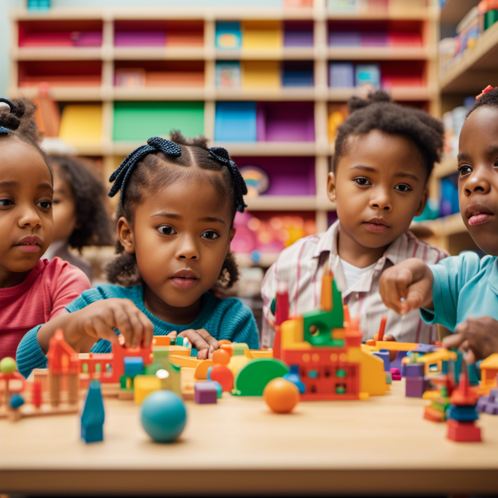 An image showcasing a diverse group of preschoolers engrossed in a colorful classroom, surrounded by shelves filled with interactive toys