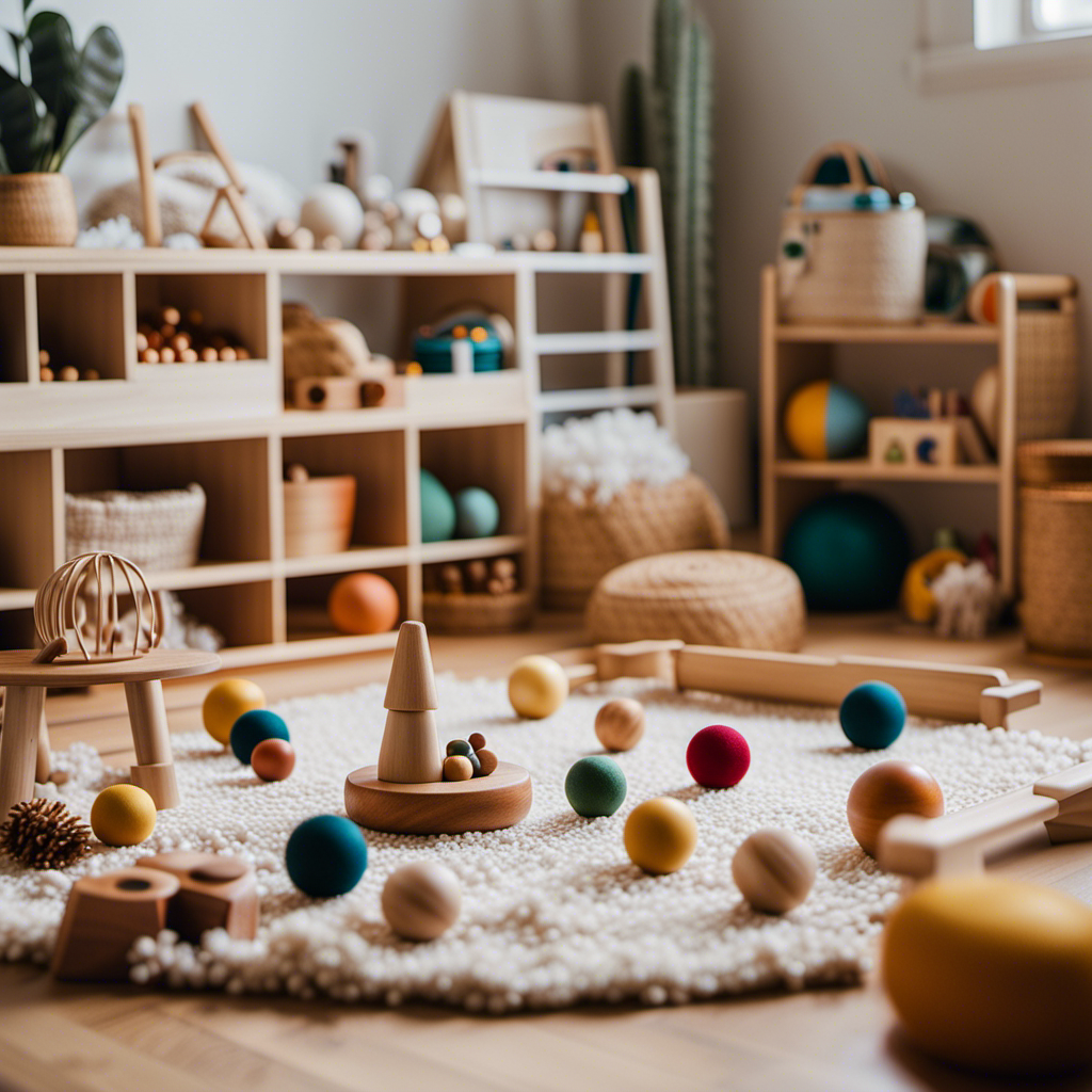 An image showcasing a cozy Montessori-inspired play area, adorned with natural wooden toys, soft rugs, and a low shelf filled with carefully arranged tactile objects like rattles, sensory balls, and grasping toys