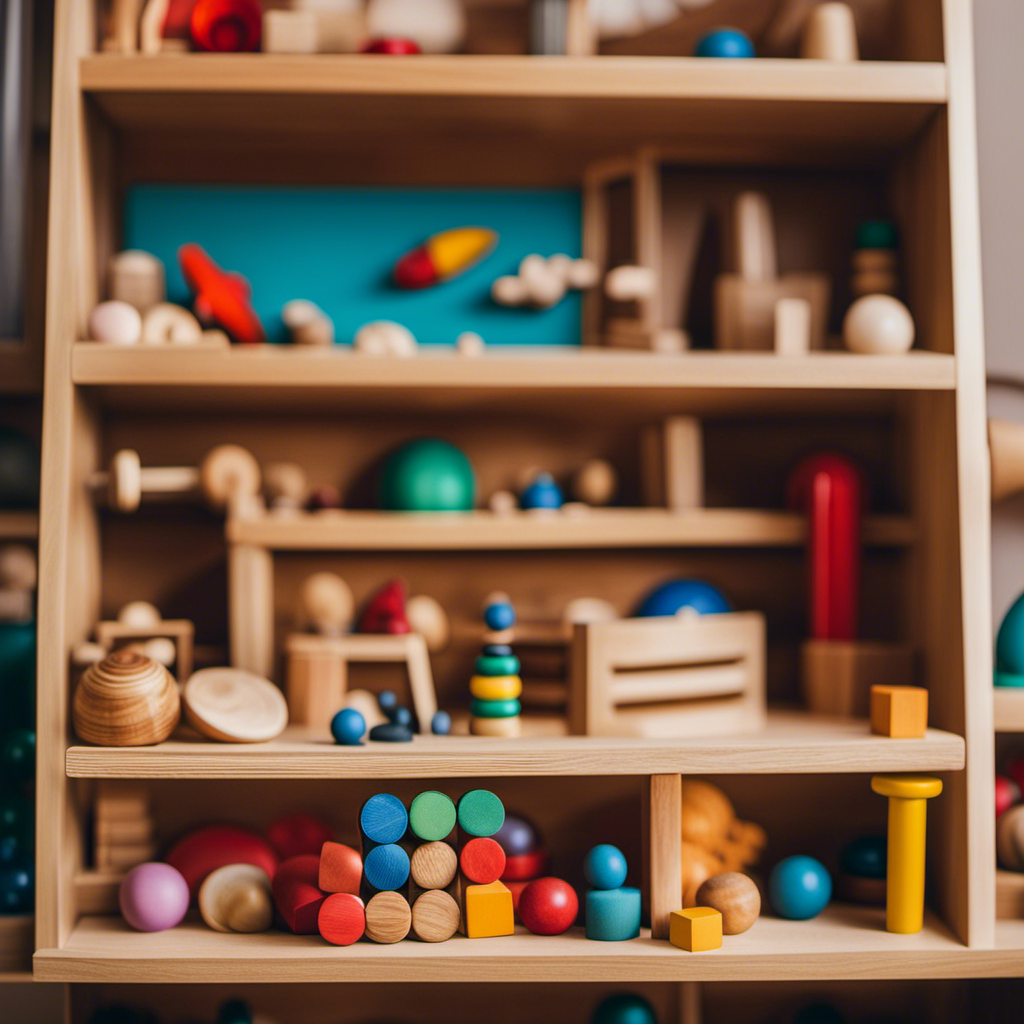 An image featuring a beautifully arranged wooden shelf filled with Montessori toys, showcasing a colorful array of carefully curated materials like wooden blocks, sensory bottles, puzzle sets, and natural materials like shells and rocks