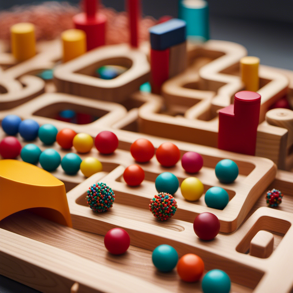 An image showcasing a colorful montage of Montessori tracking toys: a wooden bead maze with vibrant beads, a sensory board with textured fabrics, and a wooden stacking toy with various shapes and sizes