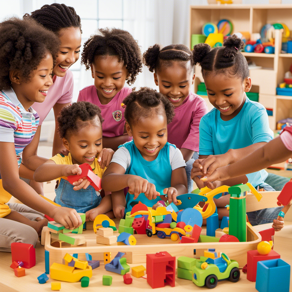 An image showcasing a diverse group of preschoolers engaged in hands-on play with educational toys, fostering their cognitive, motor, and social skills
