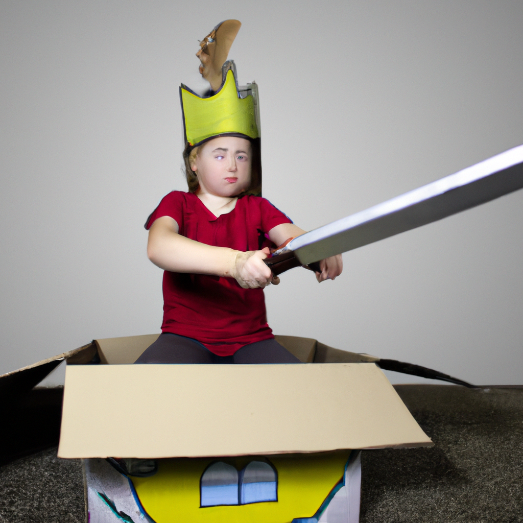 An image featuring a child engaged in imaginative play, using a stick as a sword and a cardboard box as a castle