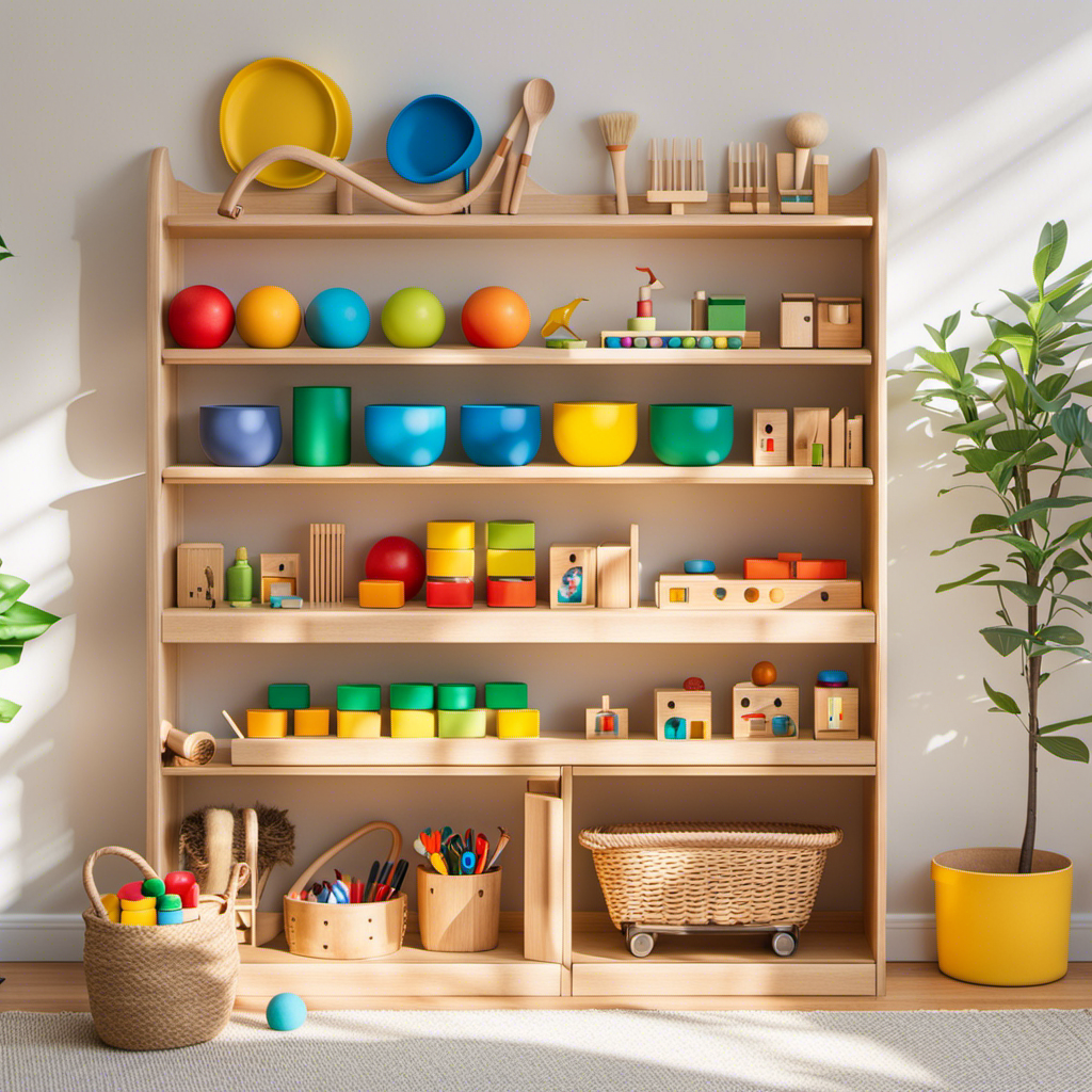 An image depicting a peaceful, sunlit room with shelves neatly arranged, showcasing colorful Montessori toys such as wooden puzzles, sensory bins, and practical life materials like miniature brooms and watering cans