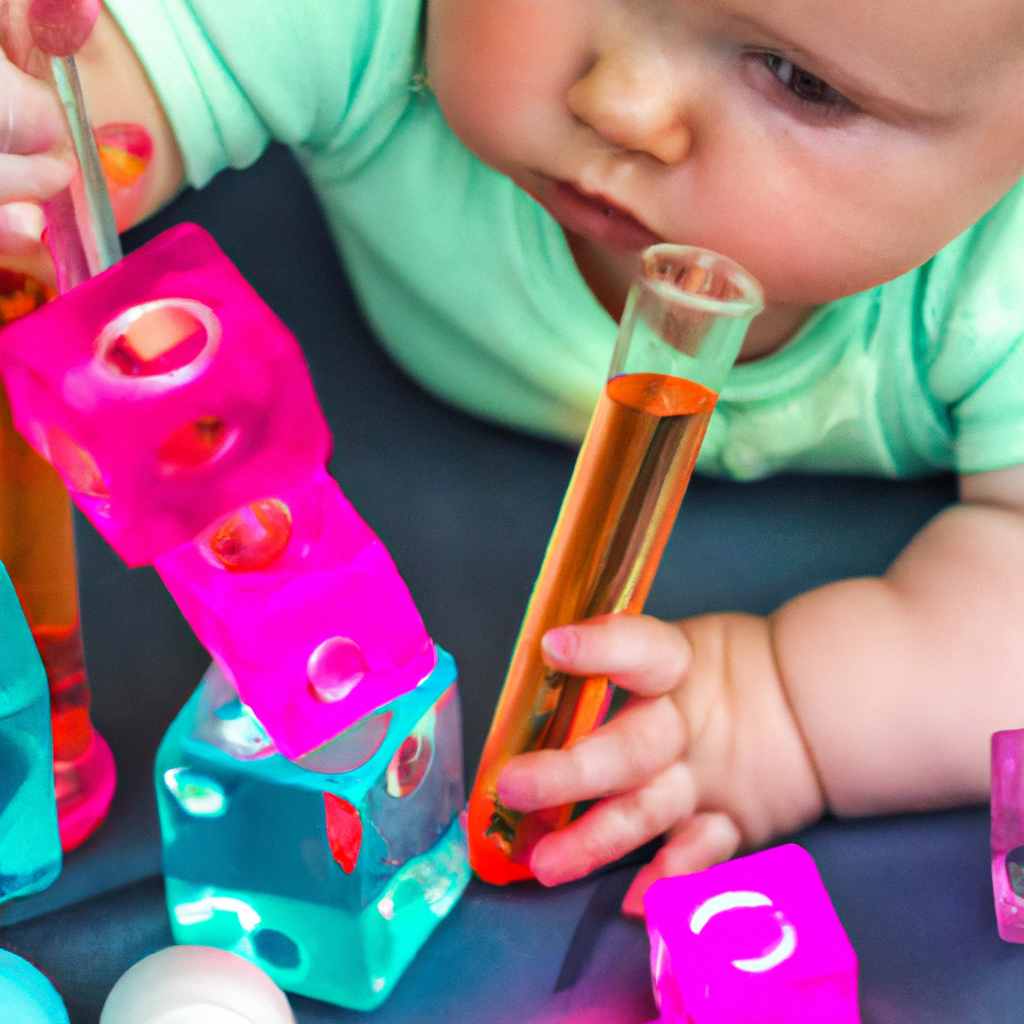 An image showcasing an adorable baby, surrounded by colorful building blocks, tinkering with a mini science lab set