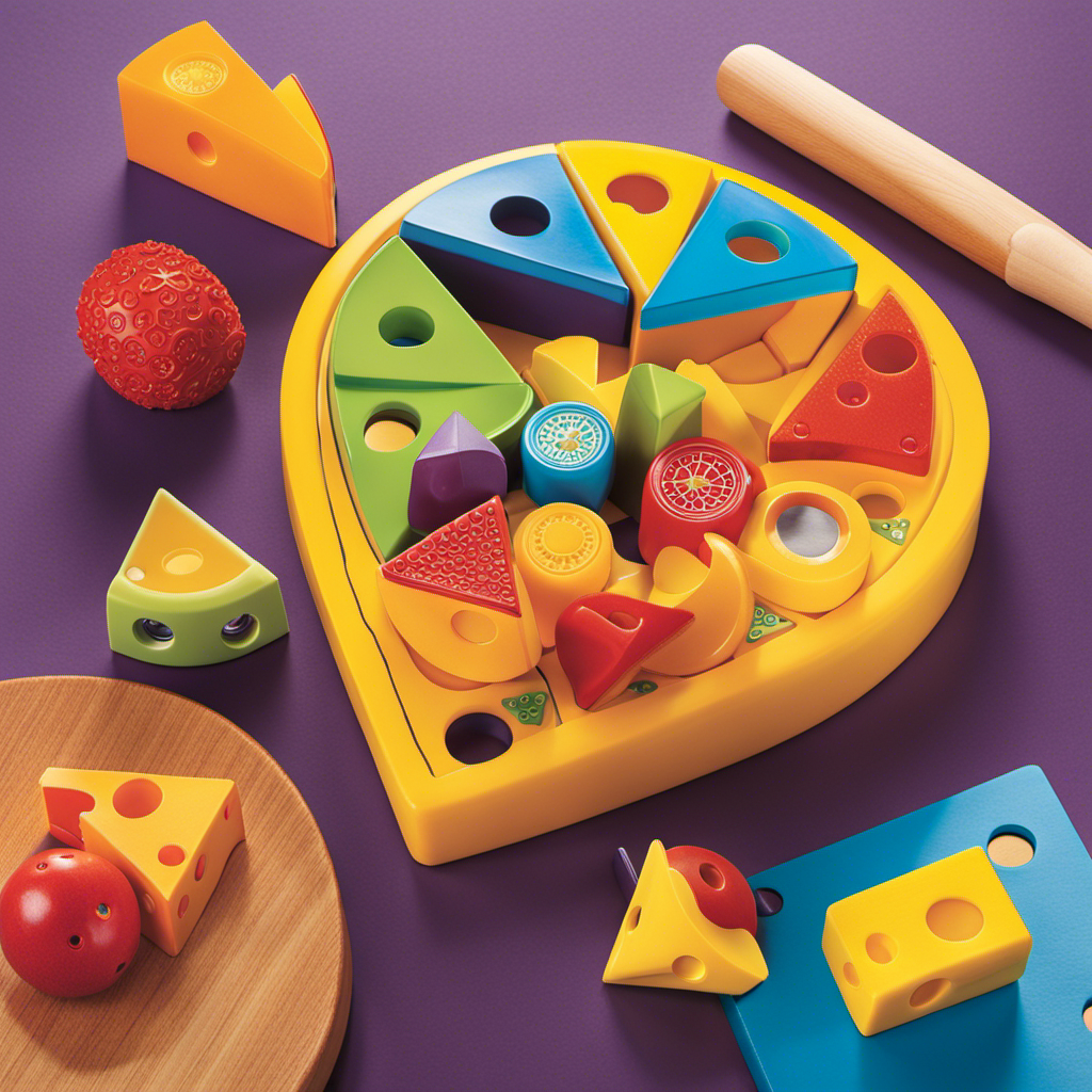An image showcasing a colorful array of interactive cheese wedge toys, each uniquely designed with stimulating textures, vibrant patterns, and removable puzzle pieces, encouraging tactile exploration and cognitive development in early childhood learning