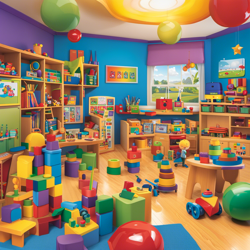 An image showcasing a colorful classroom filled with a variety of educational toys, including building blocks, puzzles, art supplies, and interactive learning games, capturing the excitement and engagement of children