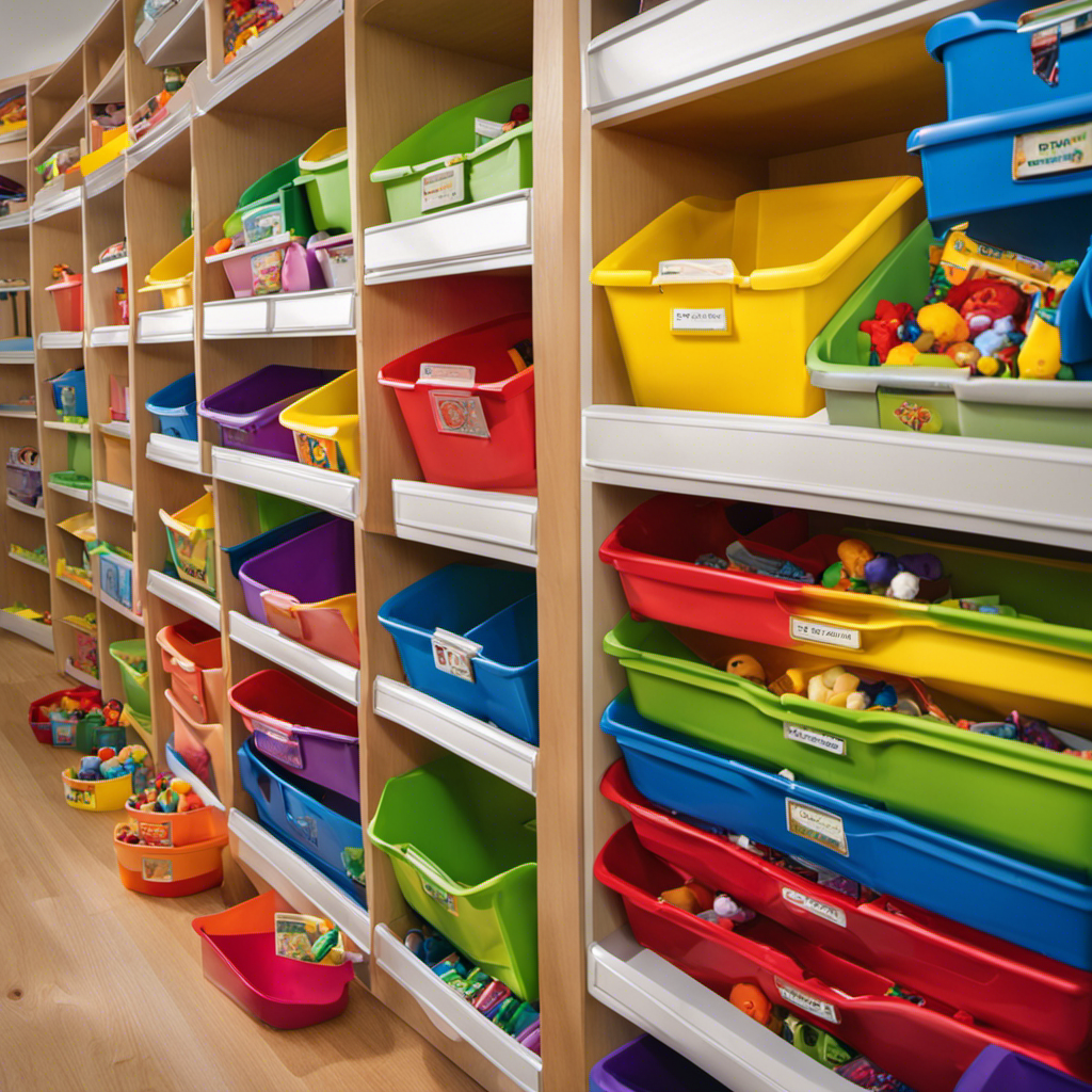 An image that showcases a meticulously arranged shelf with neatly labeled bins, each filled with vibrant and diverse preschool toys