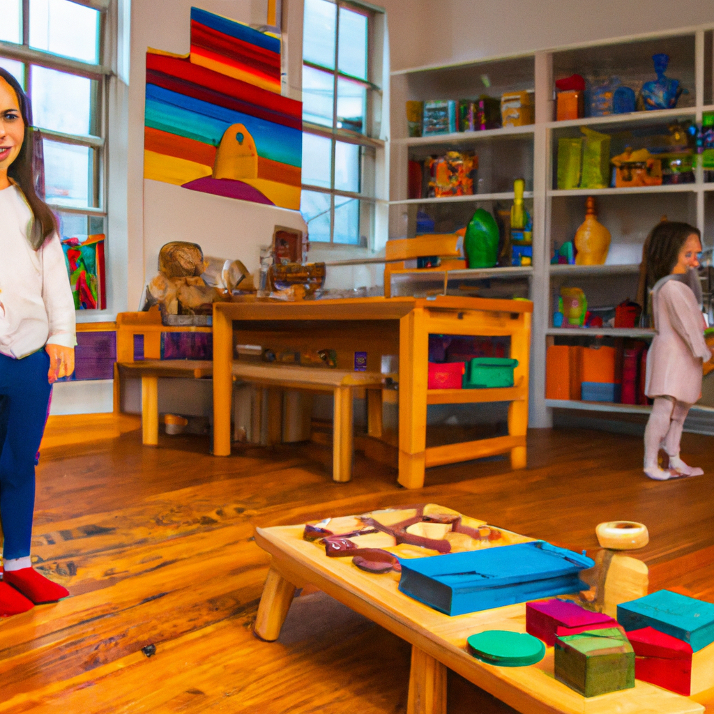 An image showcasing a brightly colored Montessori classroom, filled with open shelves displaying beautifully crafted wooden toys, children engaged in independent activities, and a nurturing teacher observing with a warm smile
