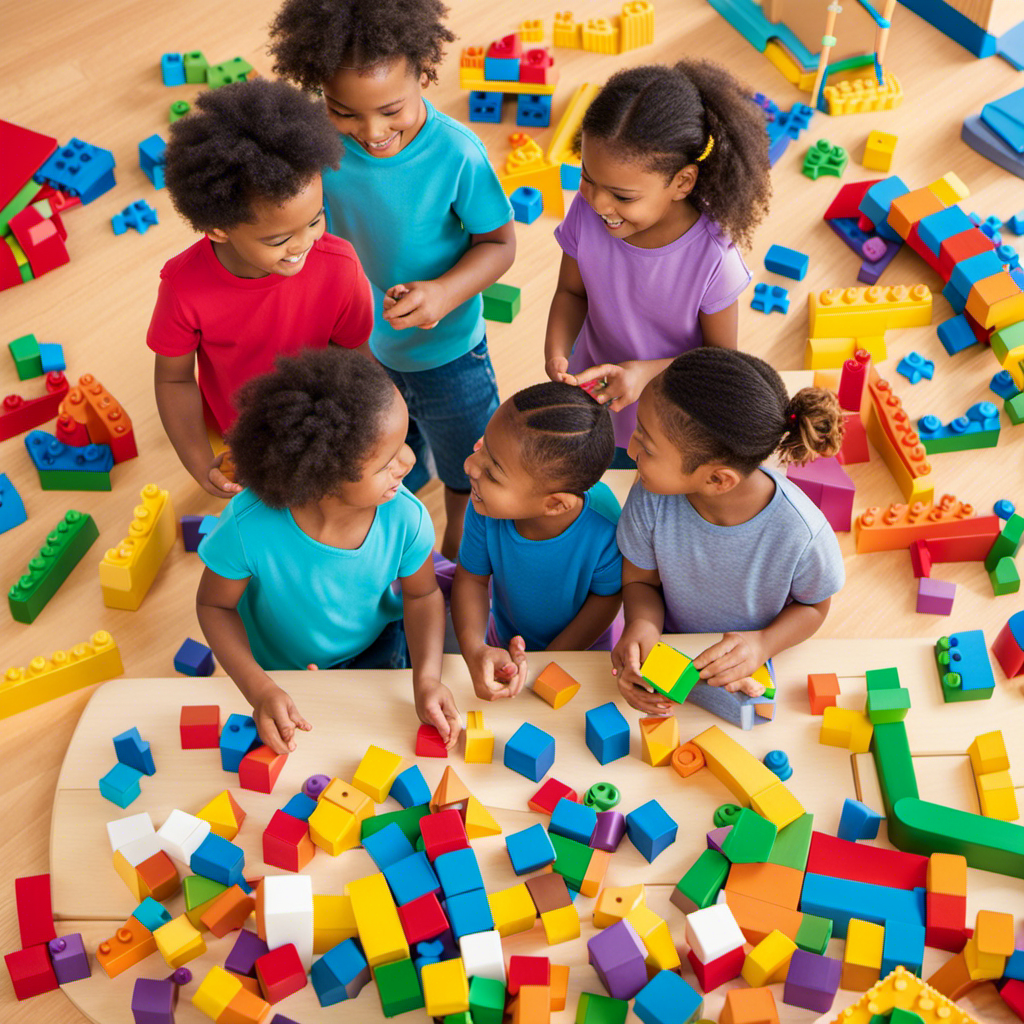 An image of a group of preschoolers engaged in hands-on play with colorful building blocks, puzzles, and interactive toys