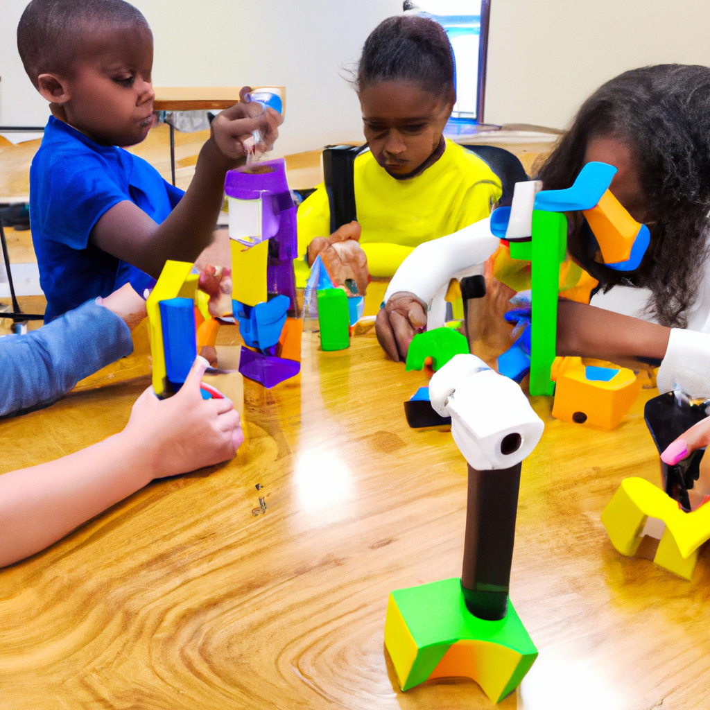 An image showcasing a diverse group of preschoolers engaged in hands-on play with STEM toys: a girl building a tower with colorful blocks, a boy operating a mini robot, and others exploring science kits, all immersed in a vibrant and stimulating environment