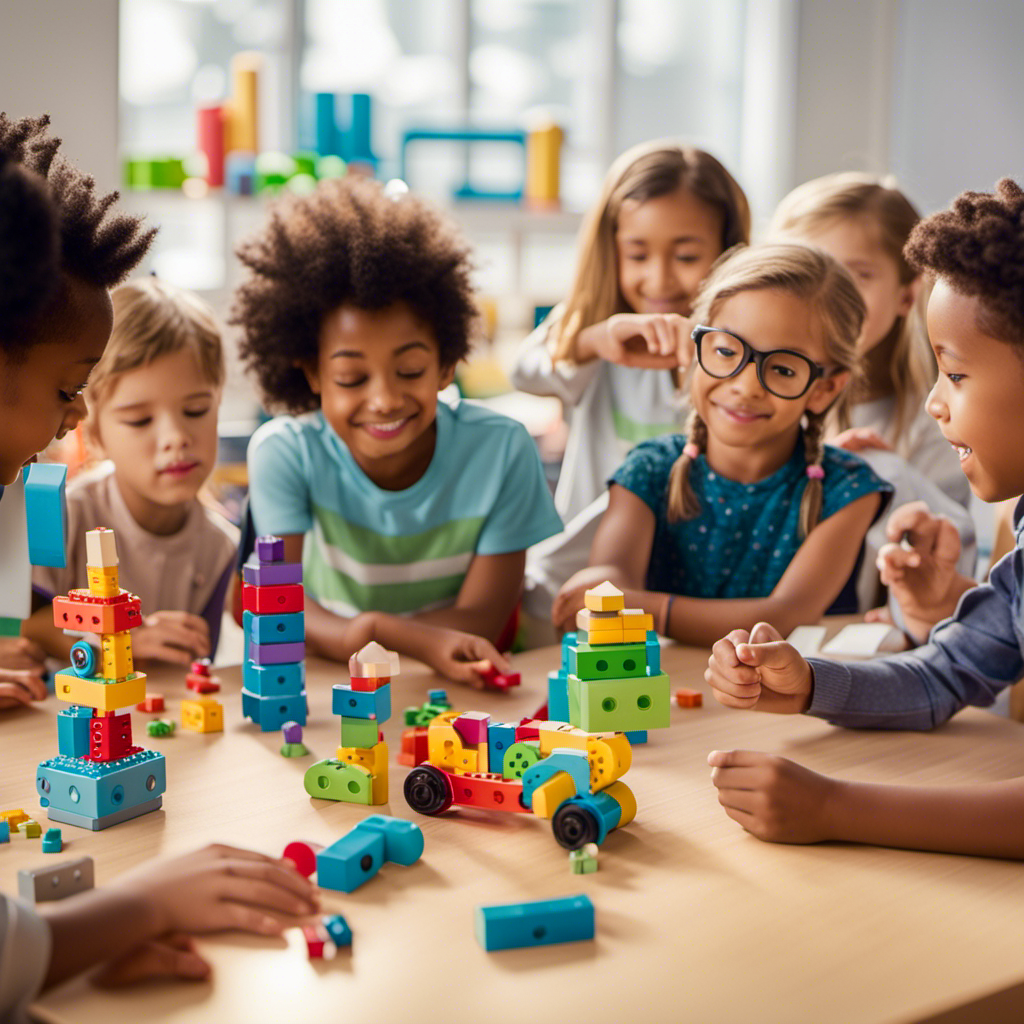 An image featuring a diverse group of preschoolers joyfully engaged with STEM toys
