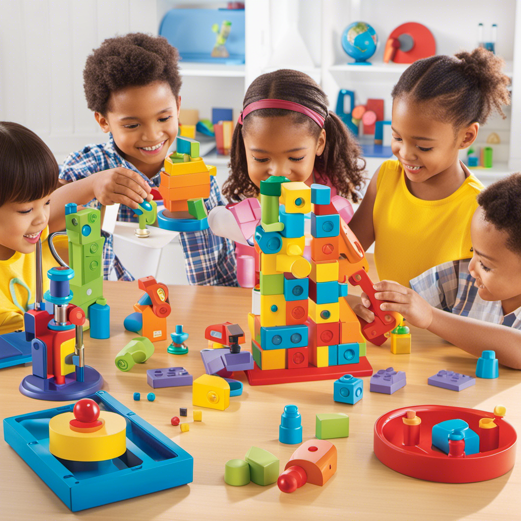 An image showcasing an array of colorful and engaging preschool toys, such as magnetic building blocks, microscope, chemistry set, and a globe, inviting little scientists to explore and learn