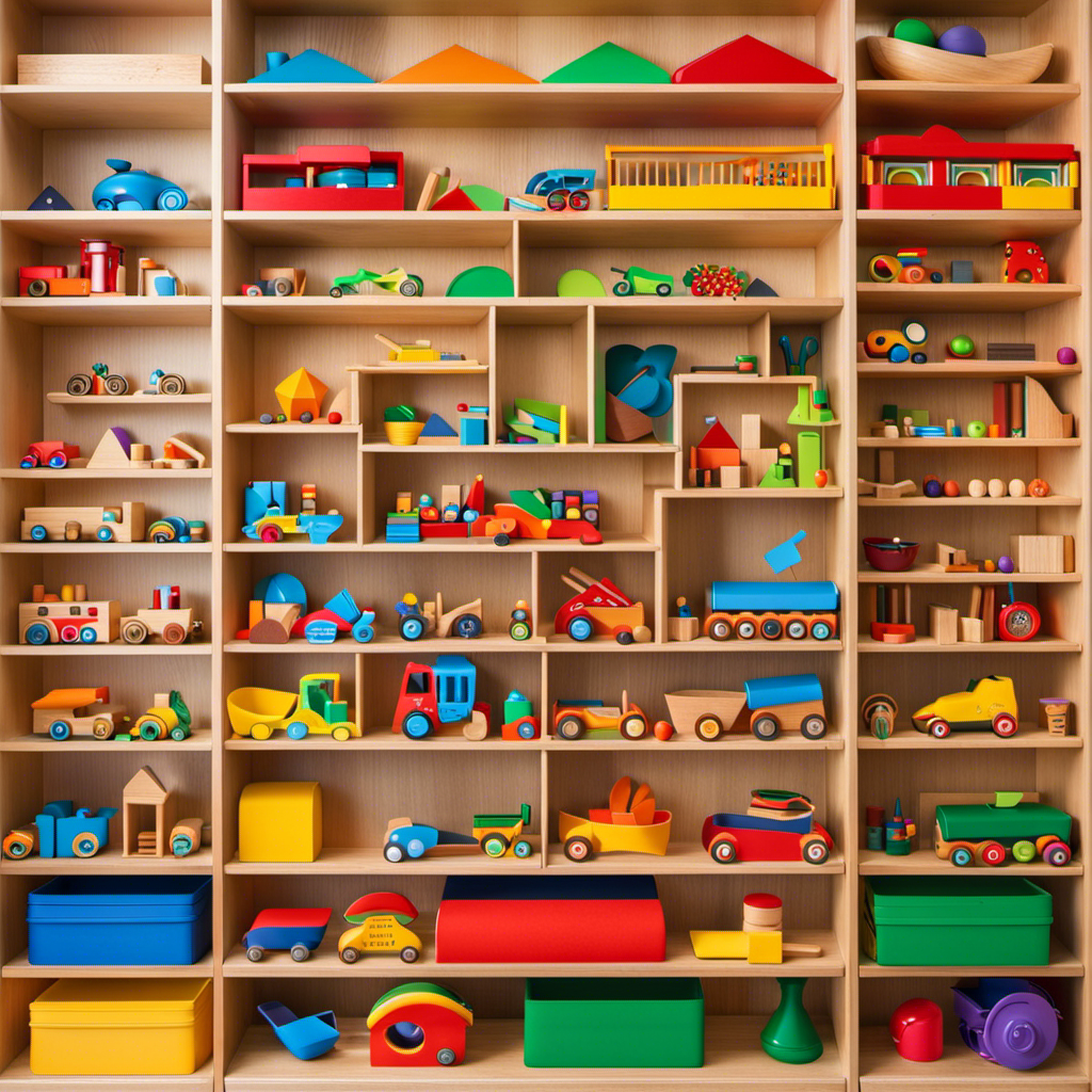 An image showcasing a shelf filled with vibrant Montessori toys, neatly organized by category, with natural wooden textures and bright colors, inviting parents to explore the best local toy stores for their children's development