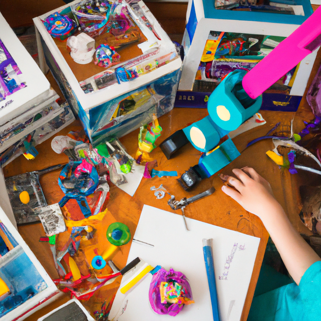 An image showcasing a child, aged seven, sitting at a cluttered table covered in vibrant, educational stem toys: a robotic arm, a microscope, a circuit board, and a stack of building blocks ready to be explored