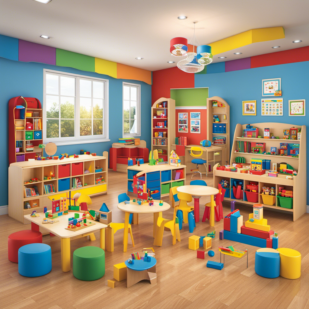 An image depicting a colorful classroom scene where preschoolers engage in joyful play and learning